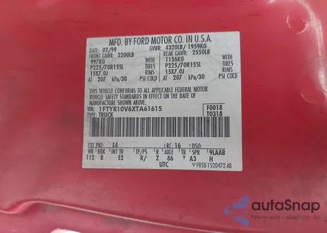 1999 Ford Ranger Xl/Xlt z USA, uszkodzony, nr VIN 1FTYR10V6XTA61615